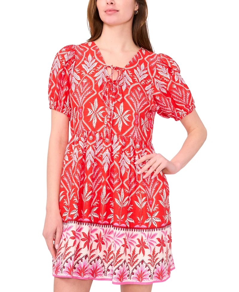 Msk Women's Printed Tie-Neck Short-Sleeve Dress