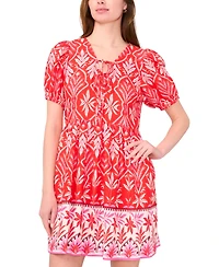 Msk Women's Printed Tie-Neck Short-Sleeve Dress
