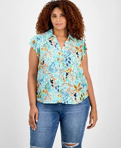 Democracy Trendy Plus Printed Flutter-Sleeve Top