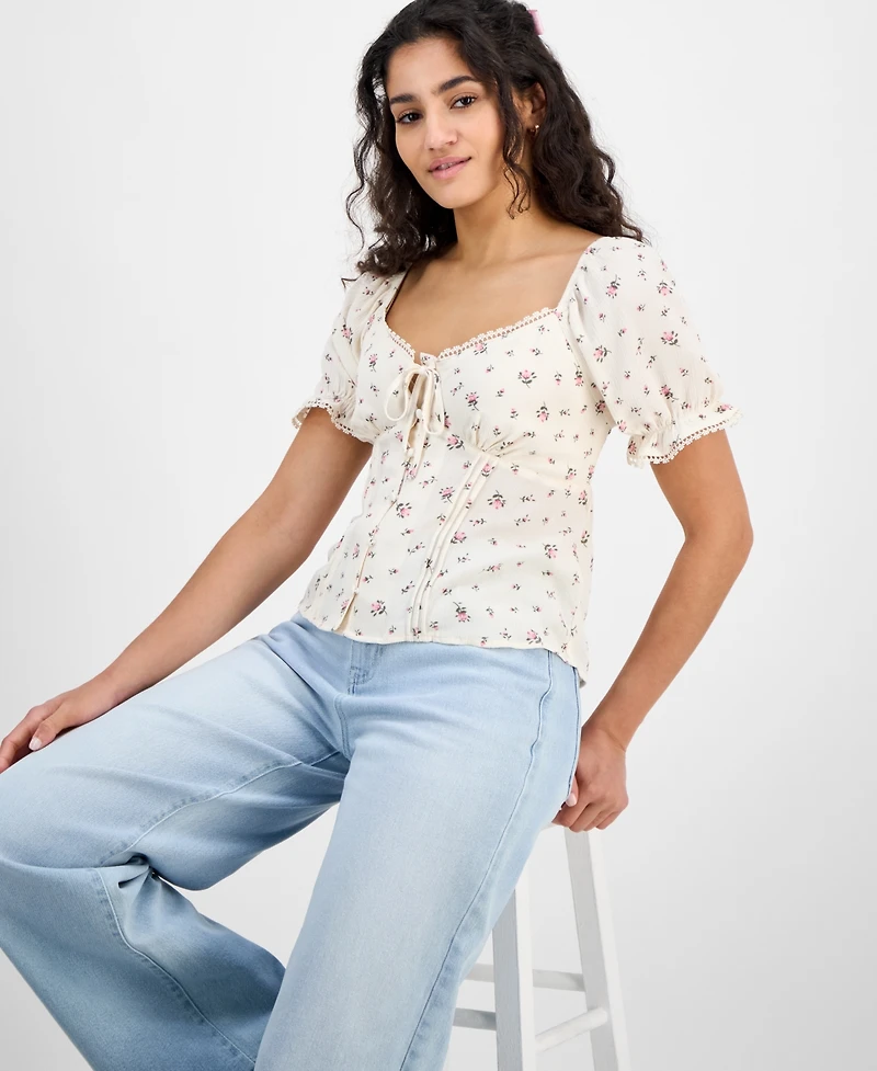Planet Heart Juniors' Sweetheart-Neck Puff-Sleeve Top