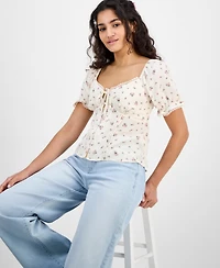 Planet Heart Juniors' Sweetheart-Neck Puff-Sleeve Top