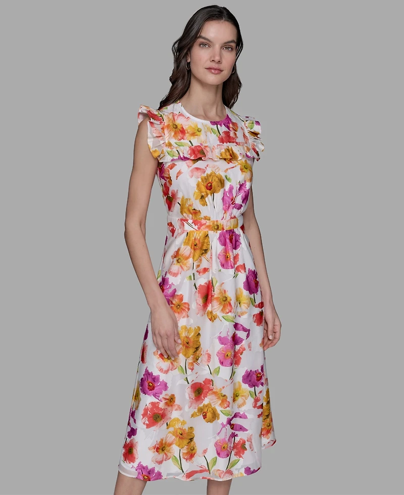 Karl Lagerfeld Paris Petite Floral-Print Flutter-Sleeve Midi Dress