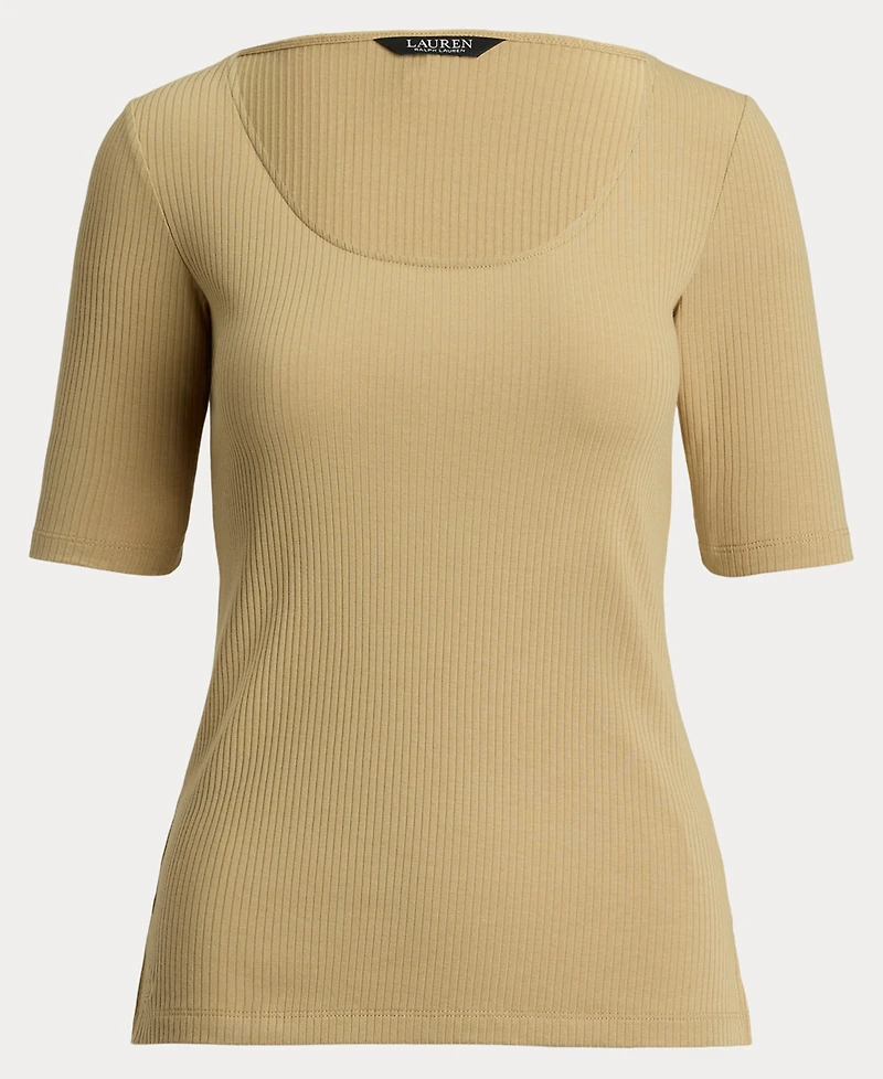Lauren Ralph Women's Rib-Knit Cotton-Blend Elbow-Sleeve Tee