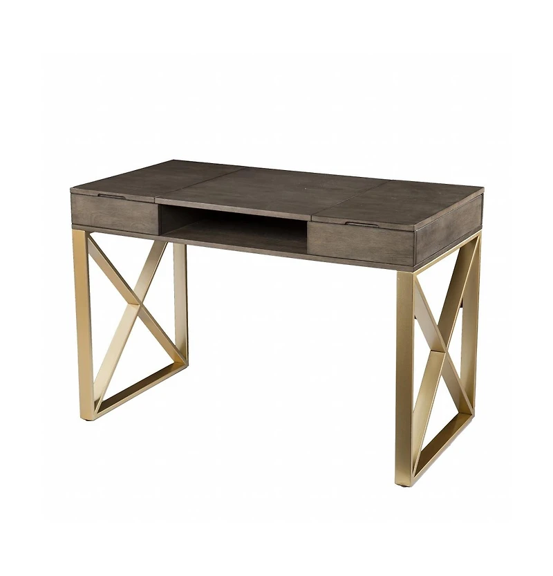 45" Grey and Gold Writing Desk With Two Drawers