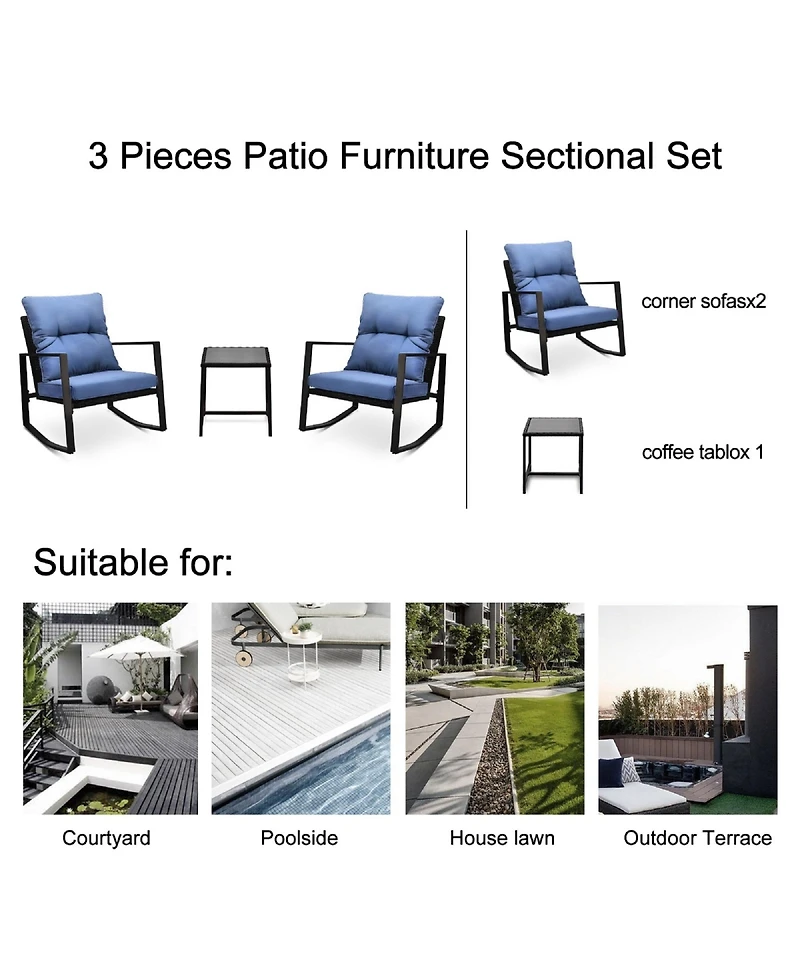 3 Pieces Patio Bistro Set Outdoor Rocking Chair with Cushion