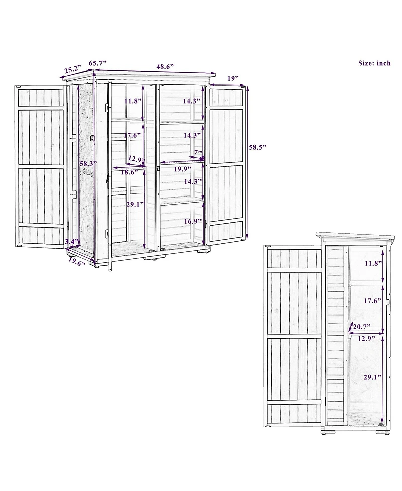 Outdoor 5.5ft Hx4.1ft L Wood Storage Shed, Garden Tool Cabinet with Waterproof Asphalt Roof, Four Lockable Doors, Multiple-tier Shelves