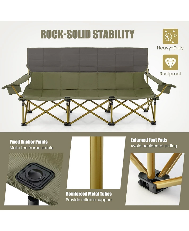 3 Person Folding Camping Chair with 2 Cup Holders Cotton Padding & Storage Bag