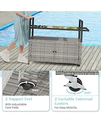 Outdoor Bar Cart Wicker Buffet Serving Cart with Cabinet and 8 Hooks