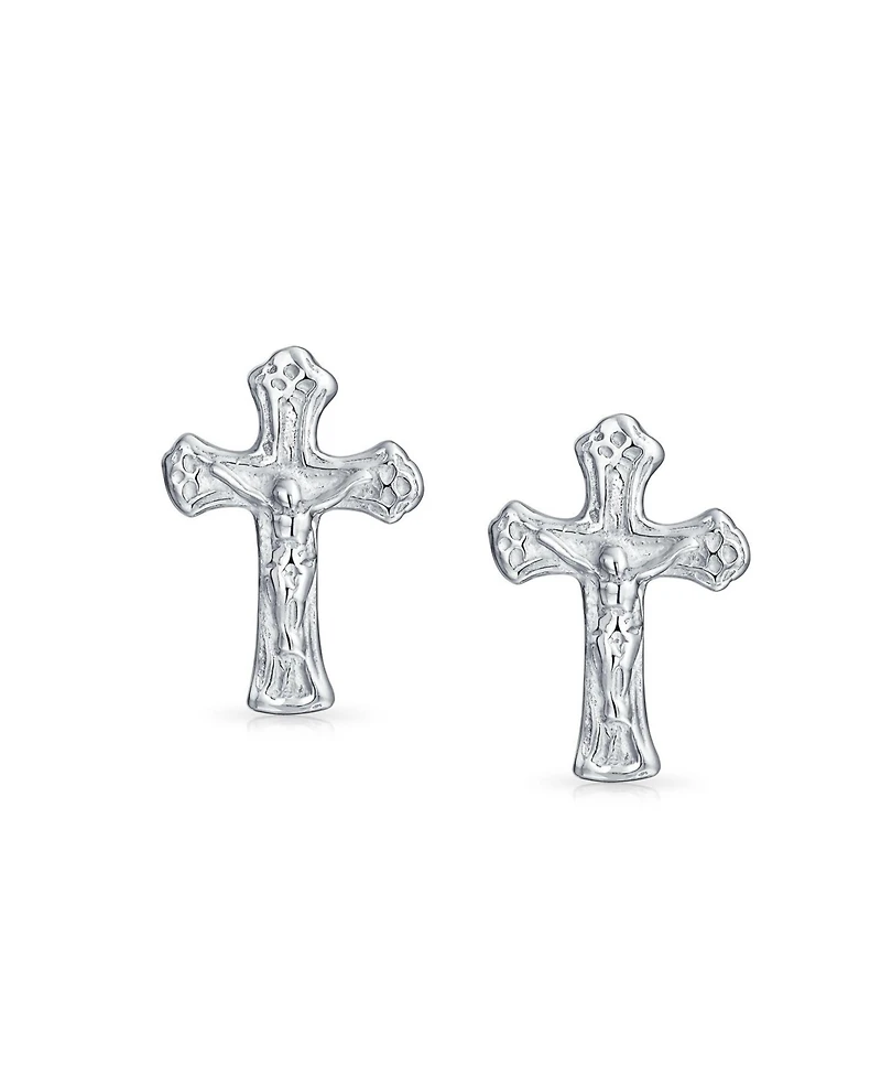 Bling Jewelry Catholic Crucifix Cross Stud Earrings - Sterling Silver Communion Gift