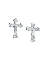 Bling Jewelry Catholic Crucifix Cross Stud Earrings - Sterling Silver Communion Gift