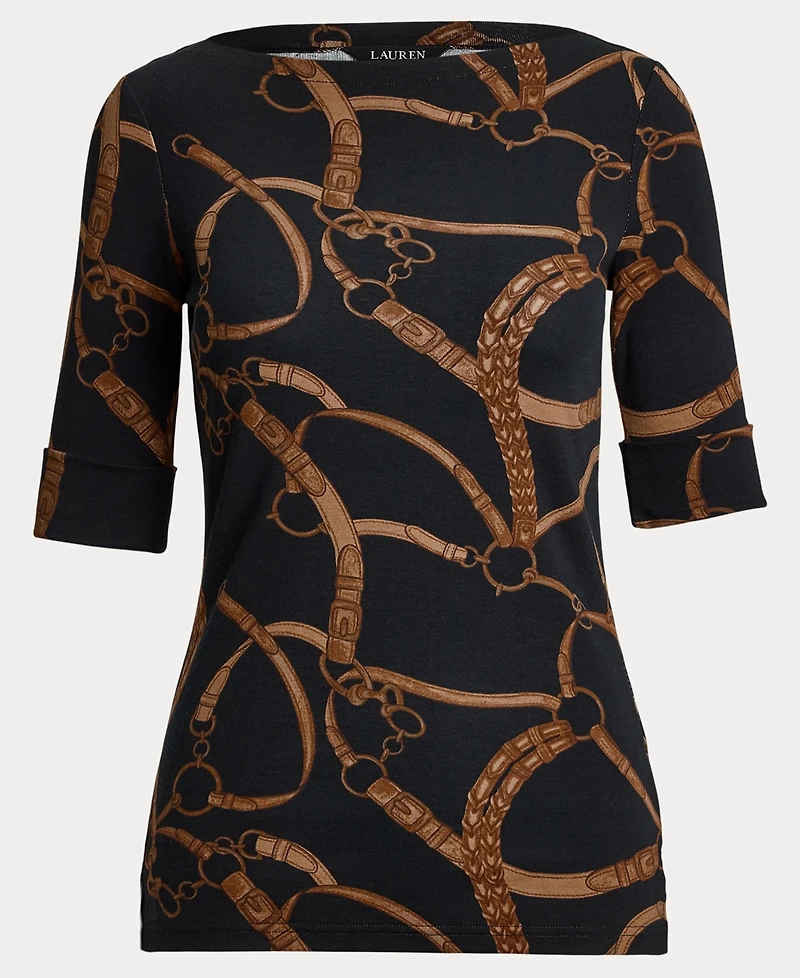 Lauren Ralph Women's Belting-Print Cotton-Blend Boatneck Tee