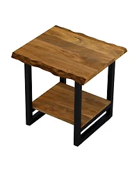 Industrial Solid Wood & Iron Square End Table with Lower Shelf
