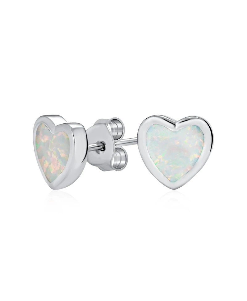 Bling Jewelry Romantic Bezel Set Cz Heart Shaped Stud Earrings Created Opal .925 Sterling Silver