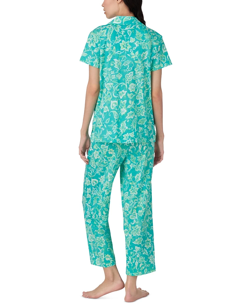 Lauren Ralph Women's Short-Sleeve Notch-Collar Cropped Pajama Set