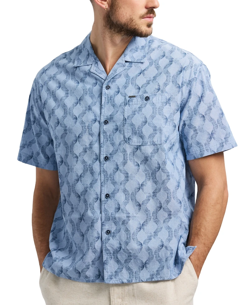 Men's Sonix Relaxed Fit Short Sleeve Wave Print Button-Front Camp Shirt