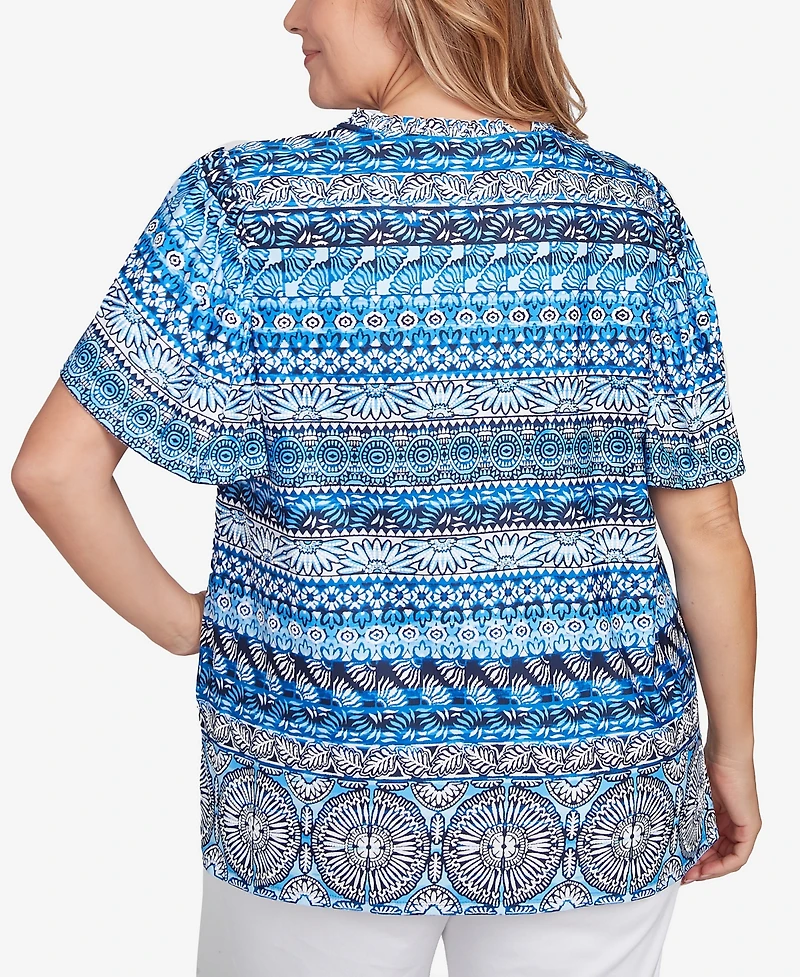 Ruby Rd. Plus Motif Stripe Embroidered Puff Print Top