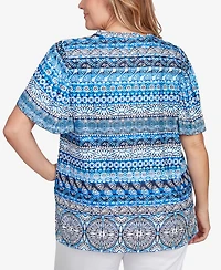 Ruby Rd. Plus Motif Stripe Embroidered Puff Print Top