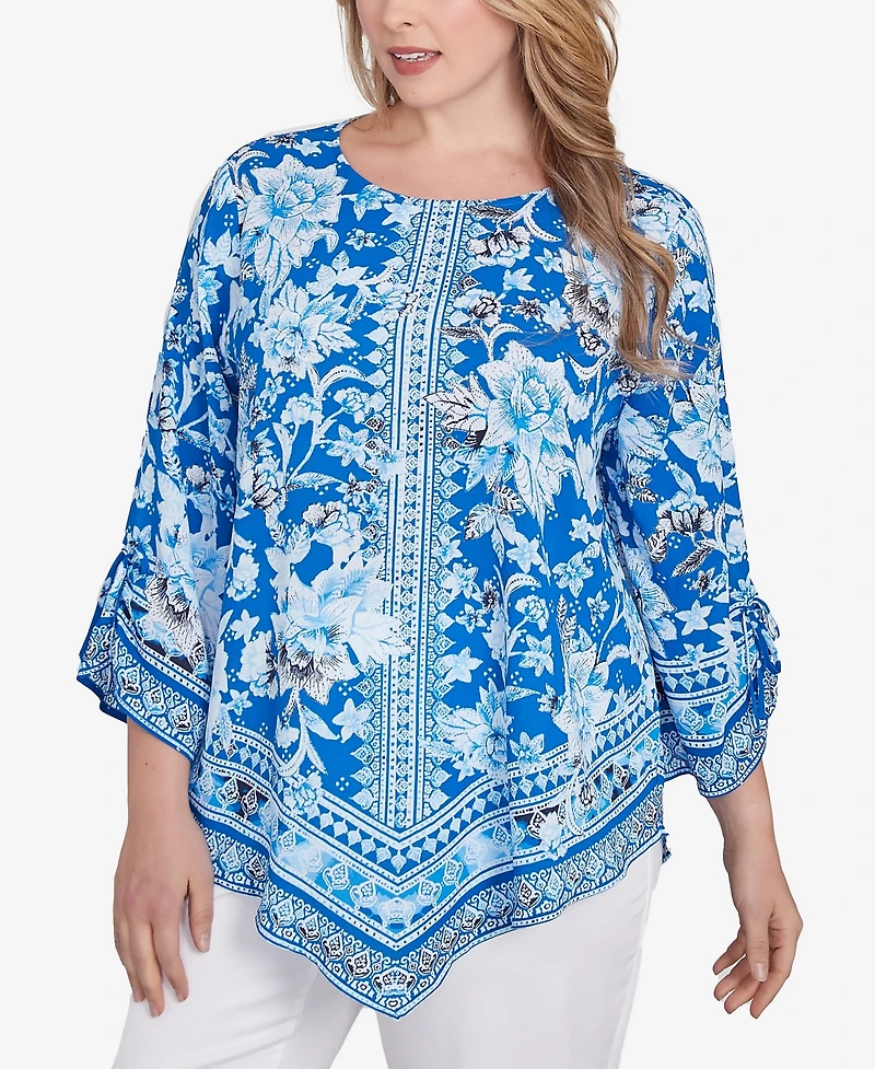 Ruby Rd. Plus Bohemian Batik Floral Border Print Crepe Tunic Top