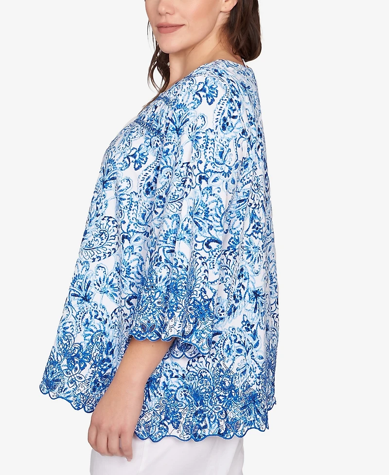 Ruby Rd. Plus Oceanic Paisley Embroidered Crew Neck Top