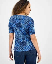 Style & Co Petite Elbow-Sleeve Patchwork Top, Exclusively at Macy's