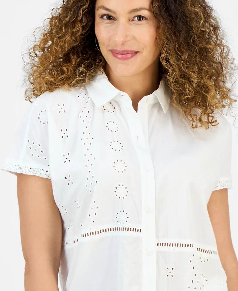 Style & Co Petite Eyelet-Detail Cotton Camp Shirt, Exclusively at Macy's