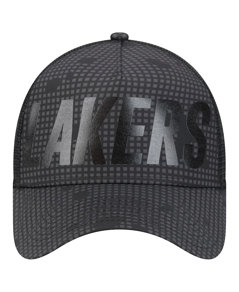 New Era Men's Black Los Angeles Lakers Midnight Ink Tonal A-Frame Trucker 9FORTY Adjustable Hat