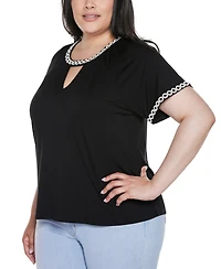 Belldini Plus Crochet-Trim Short Sleeve Knit Top