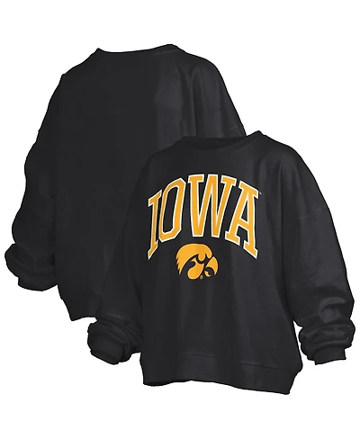 Pressbox Women's Black Iowa Hawkeyes Janise Arch Over Logo Waist Length Oversized Pullover Sweatshirt