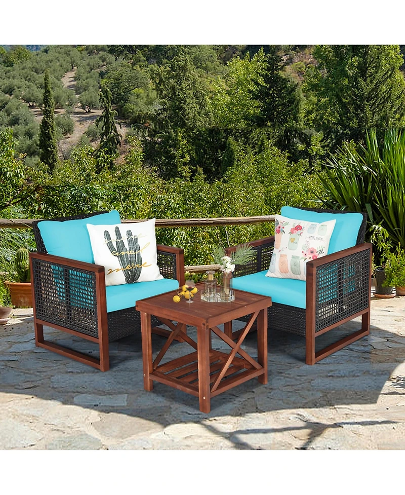 Gymax 3PCS Rattan Wicker Patio Conversation Set Outdoor Furniture Set w/ Turquoise Cushion