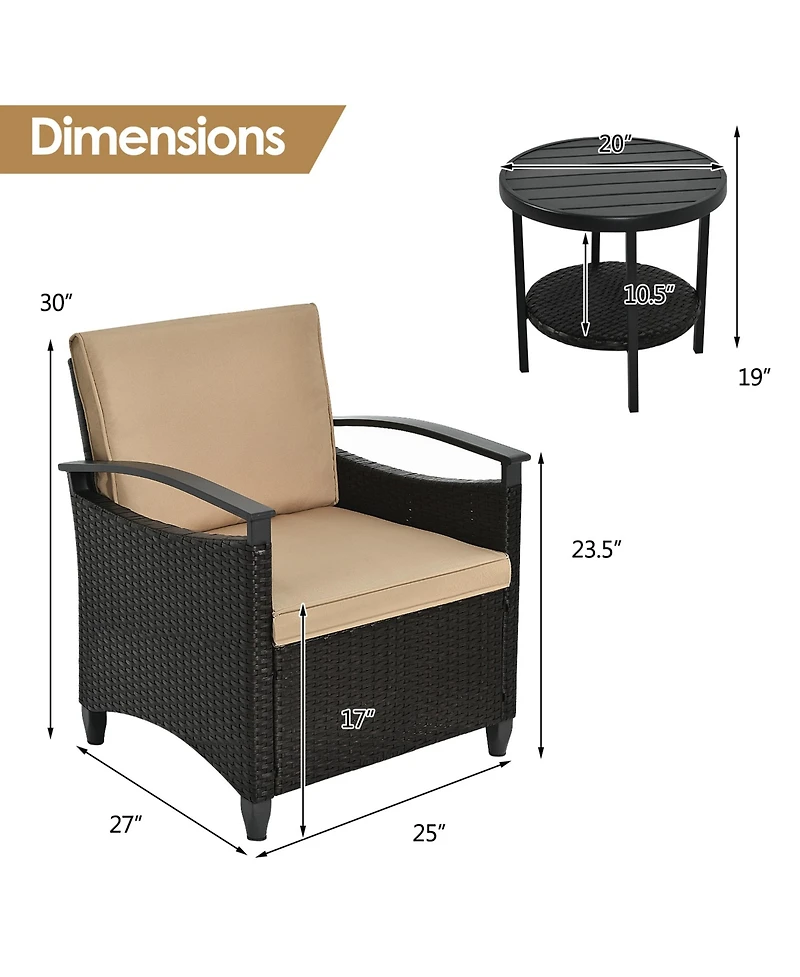 Gymax 3PCS Outdoor Wicker Bistro Set Patio Conversation Furniture Set w/ Cushions