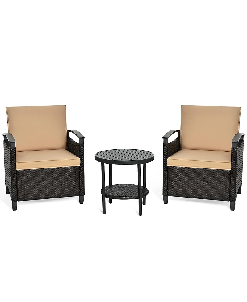 Gymax 3PCS Outdoor Wicker Bistro Set Patio Conversation Furniture Set w/ Cushions