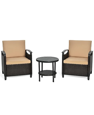 Gymax 3PCS Outdoor Wicker Bistro Set Patio Conversation Furniture Set w/ Cushions