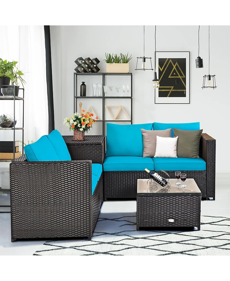 Gymax 4PCS Cushioned Rattan Patio Conversation Set w/ Side Table Turquoise Cushion