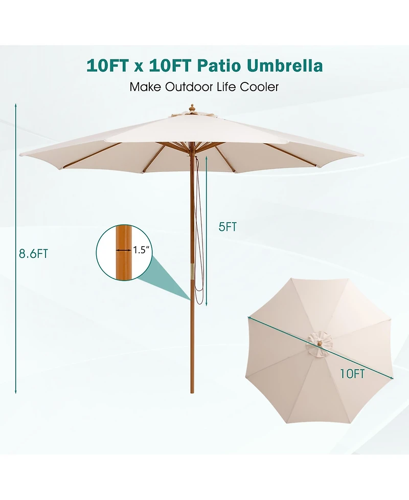 Gymax 10FT Patio Umbrella Table Market Umbrella w/ 8 Bamboo Ribs Pulley Lift & Ventilation Hole