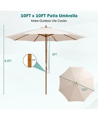Gymax 10FT Patio Umbrella Table Market Umbrella w/ 8 Bamboo Ribs Pulley Lift & Ventilation Hole