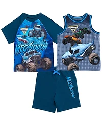 Monster Jam Toddler Boys Grave Digger El Toro Loco Megalodon T-Shirt Tank Top and French Terry Shorts 3 Piece Set to
