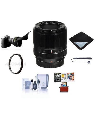 Fujifilm Xf 60mm f/2.4 R Macro Lens, Bundle with 39mm Uv Filter, Flex Lens Shade, Lens Wrap, Cleaning Kit, Lens Cleaner, Lens Cap Tether, Mac Software