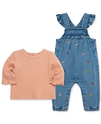 Little Me Baby Girls Leaves Woven Denim Overall & Top Set