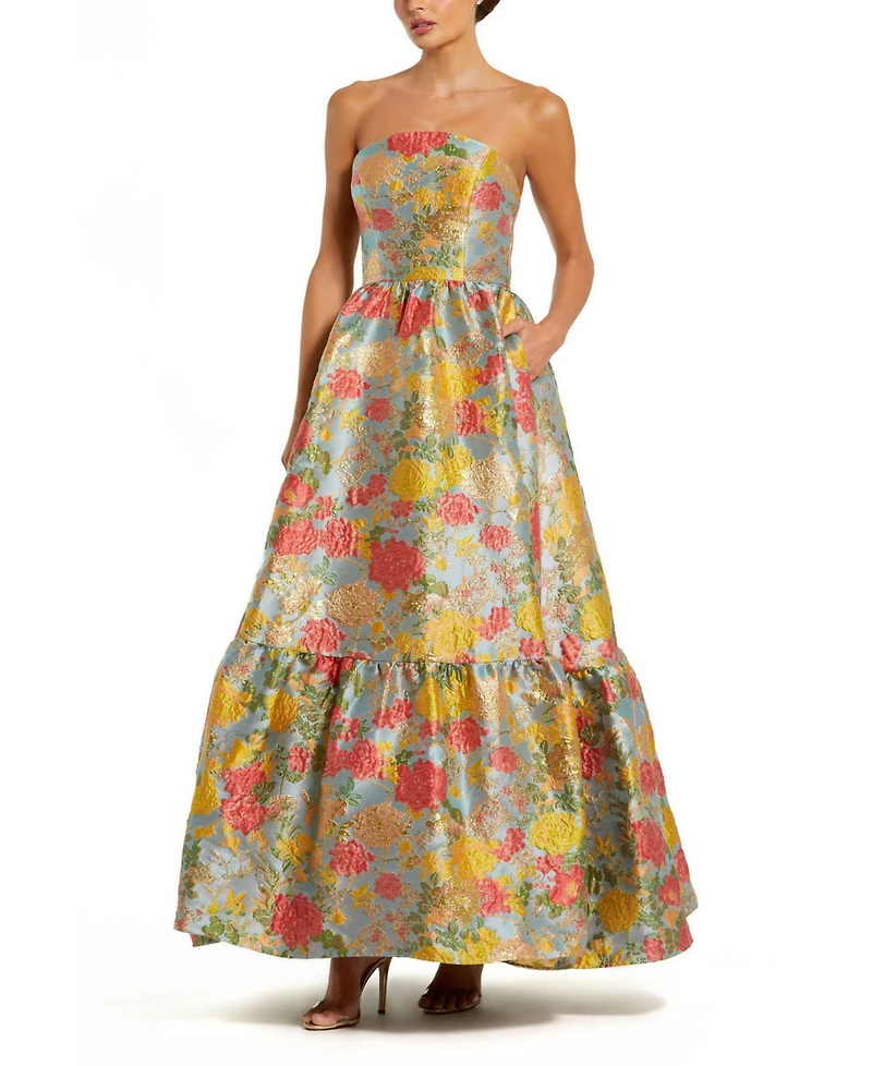 Mac Duggal Women's Strapless Brocade Floral Gown With Ruffle Hem