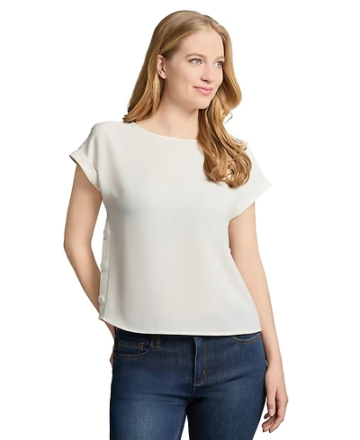 Jones New York Petite Round-Neck Side-Button Short-Sleeve Top