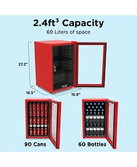 SnowLion Premium 69L Beverage Refrigerator 2.4 Cu.ft. Freestanding Mini Fridge With Glass Door in Red