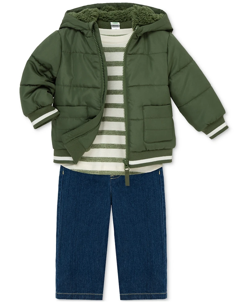 Little Me Baby Boys Hooded Jacket, Striped T-Shirt & Denim Pants, 3 Piece Set