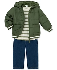 Little Me Baby Boys Hooded Jacket, Striped T-Shirt & Denim Pants, 3 Piece Set
