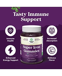 Super Iron Gummy | Chewable Iron Supplement for Women and Men with Vitamin C | Grape Flavor| 60ct