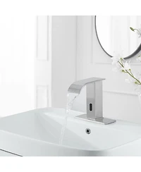Battery Powered Touchless Single Hole Bathroom Faucet Sensor Deck Mount With Drain Kit Brushed Nickel