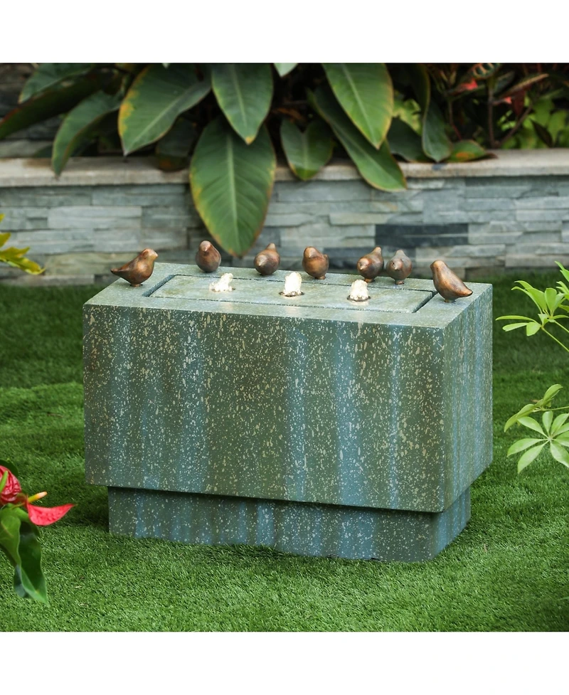 LuxenHome Patina Gray/Green Resin Rectangular Bubbler Outdoor Fountain with Led Lights and Bronze Birds