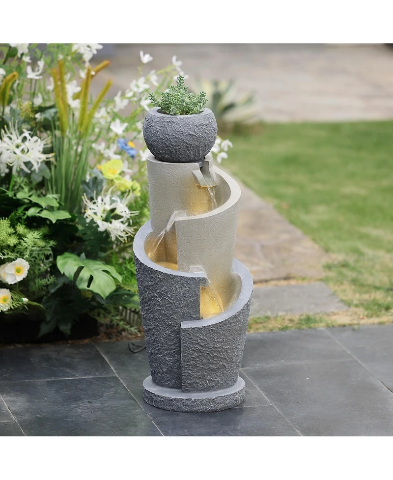 LuxenHome Gray Resin Cascading Spiral Outdoor Fountain with Led Lights
