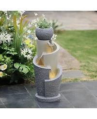 LuxenHome Gray Resin Cascading Spiral Outdoor Fountain with Led Lights