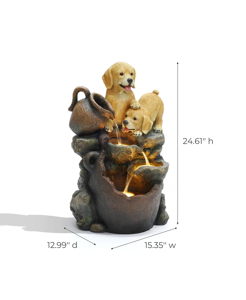 LuxenHome Puppy Friends Farmhouse Resin Outdoor Fountain with Lights