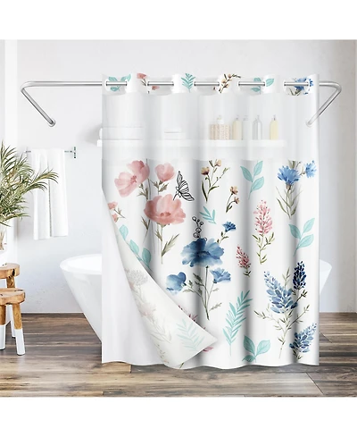 Americanflat 72x75 Hookless Shower Curtain - Floral Blue and Pink Shower Curtain with Sheer Panel, Snap-In Liner, and Grommets - 100% Polyester